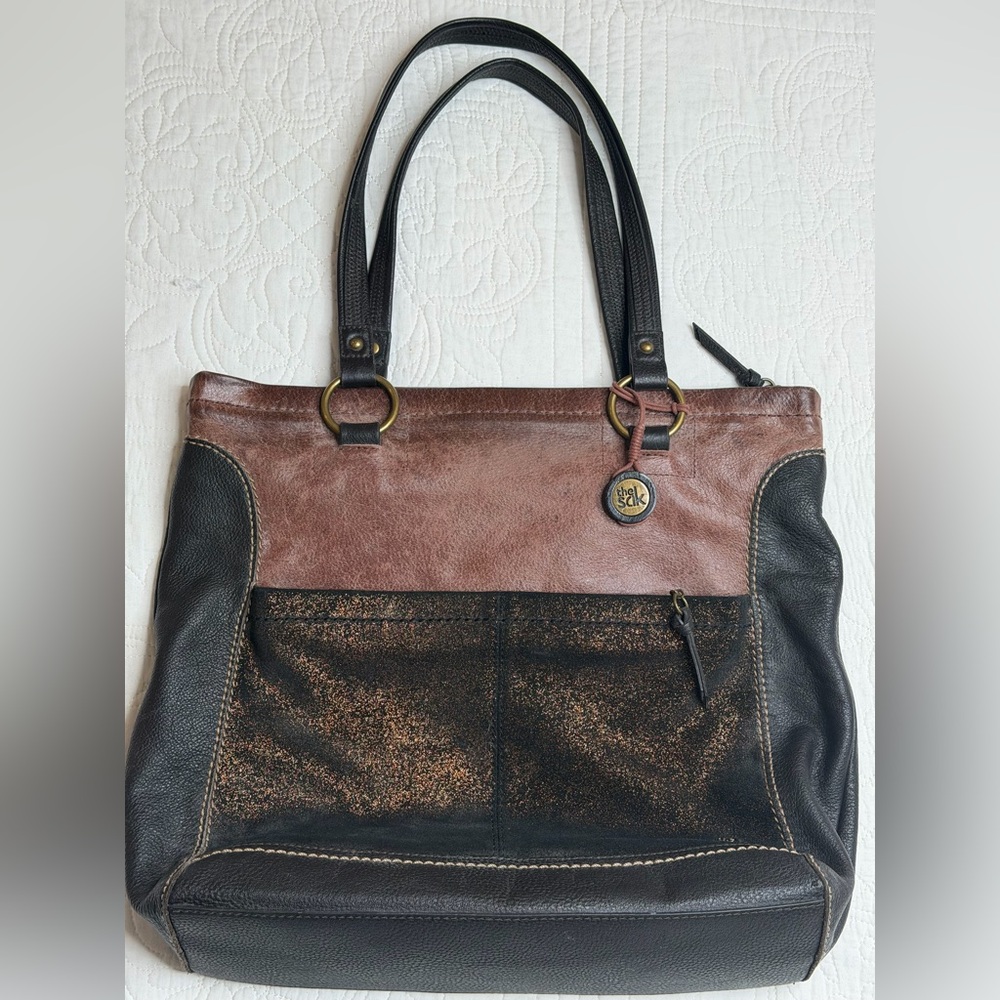 The Sak Bag Purse Glitter Two-tone Dark Large Brown Leather 13” x 15” x 4” Tote